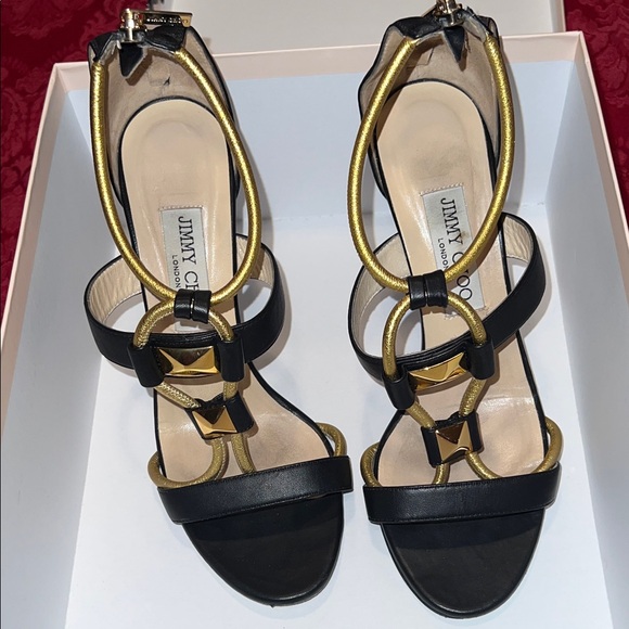 Jimmy Choo Shoes - Like New Jimmy Choo Black and Gold Strappy Heels